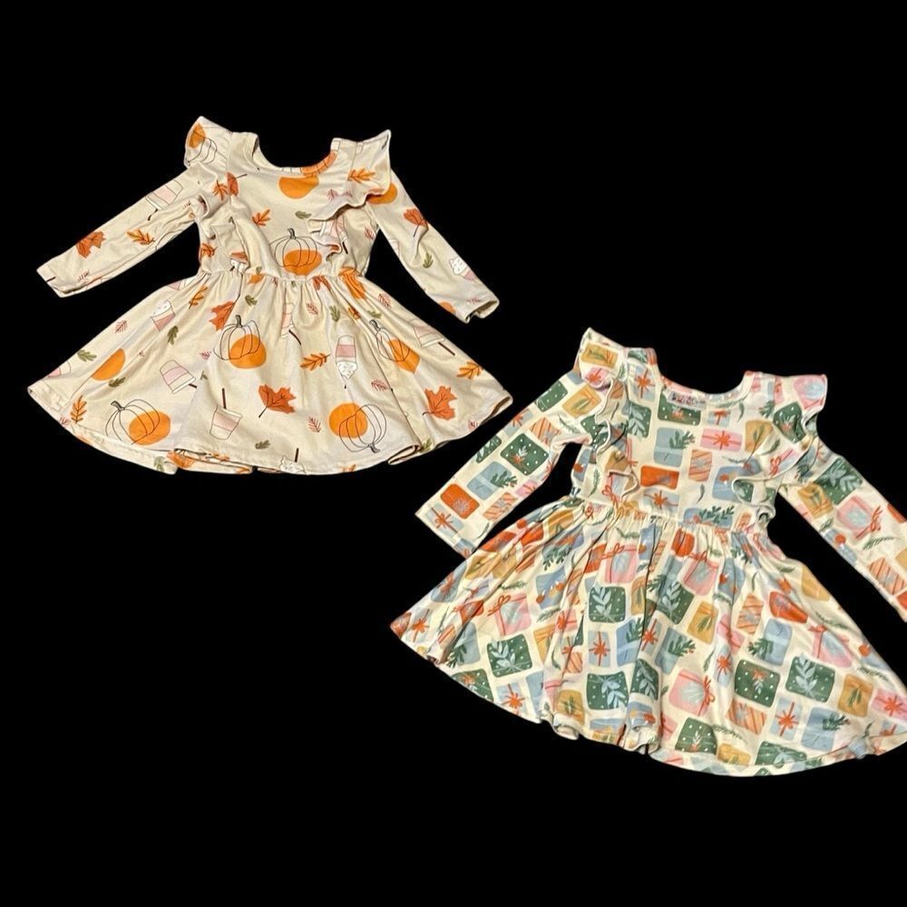 Dot Dot Smile 2 Fall Autumn Twirl Dresses Ruffles Cream Orange Green 12-24 Month